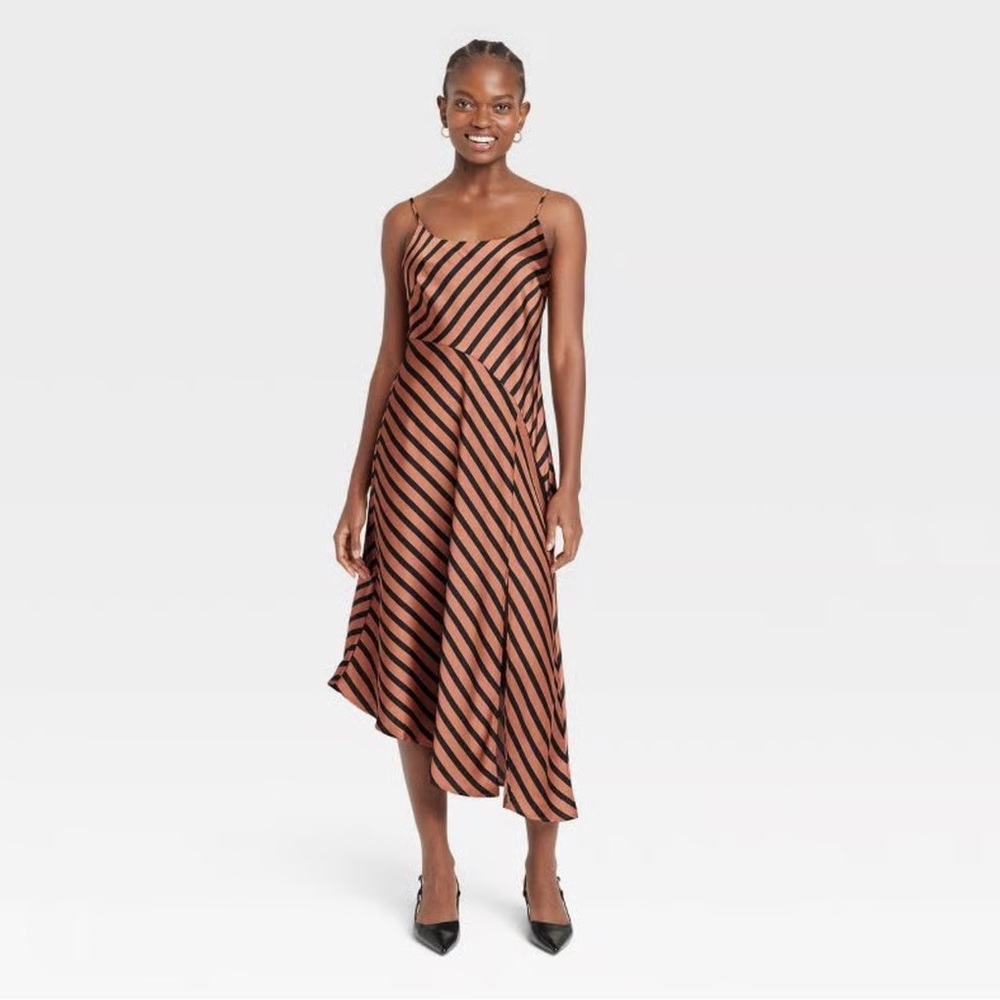 Women’s Asymmetrical Black and Brown Striped Midi Slip